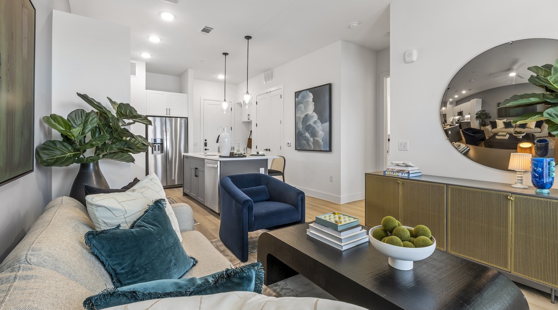 a living room with a couch and a table