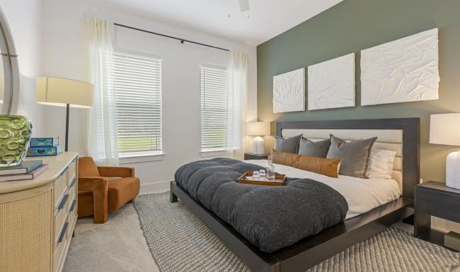 a bedroom with a bed and lamps